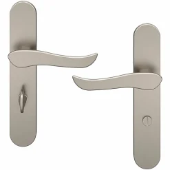 Ensemble poignée sur plaque rond à condamnation GoodHome Armel effet nickel satin gris L.130mm x l.42mm entraxe 165-195mm