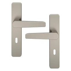 Ensemble poignée sur plaque rectangulaire serrure GoodHome Kerver effet nickel satin gris L.128mm x l.42mm entraxe 165-195mm