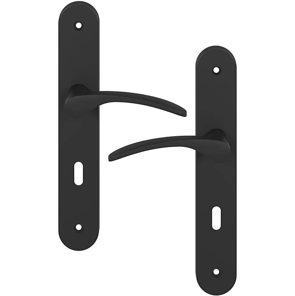 Ensemble poignée sur plaque rond serrure GoodHome Beare effet nickel mat noir L.110.5mm x l.40mm entraxe 195mm