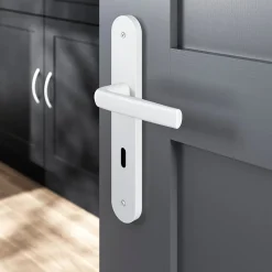 Ensemble poignée sur plaque Incurvé serrure GoodHome Primel mat blanc L.126mm x l.40mm entraxe 195mm
