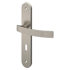 Ensemble poignée sur plaque rond serrure GoodHome Diss effet nickel satin gris L.139mm x l.40mm entraxe 195mm