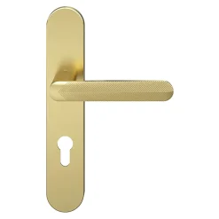 Ensemble poignée sur plaque rondcylindre GoodHome Garlan effet laiton satin doré L.125mm x l.42mm entraxe 165-195mm