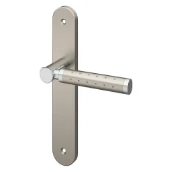 Ensemble poignée sur plaque rond GoodHome Brigg effet chrome et nickel satin gris L.132mm x l.40mm entraxe 195mm