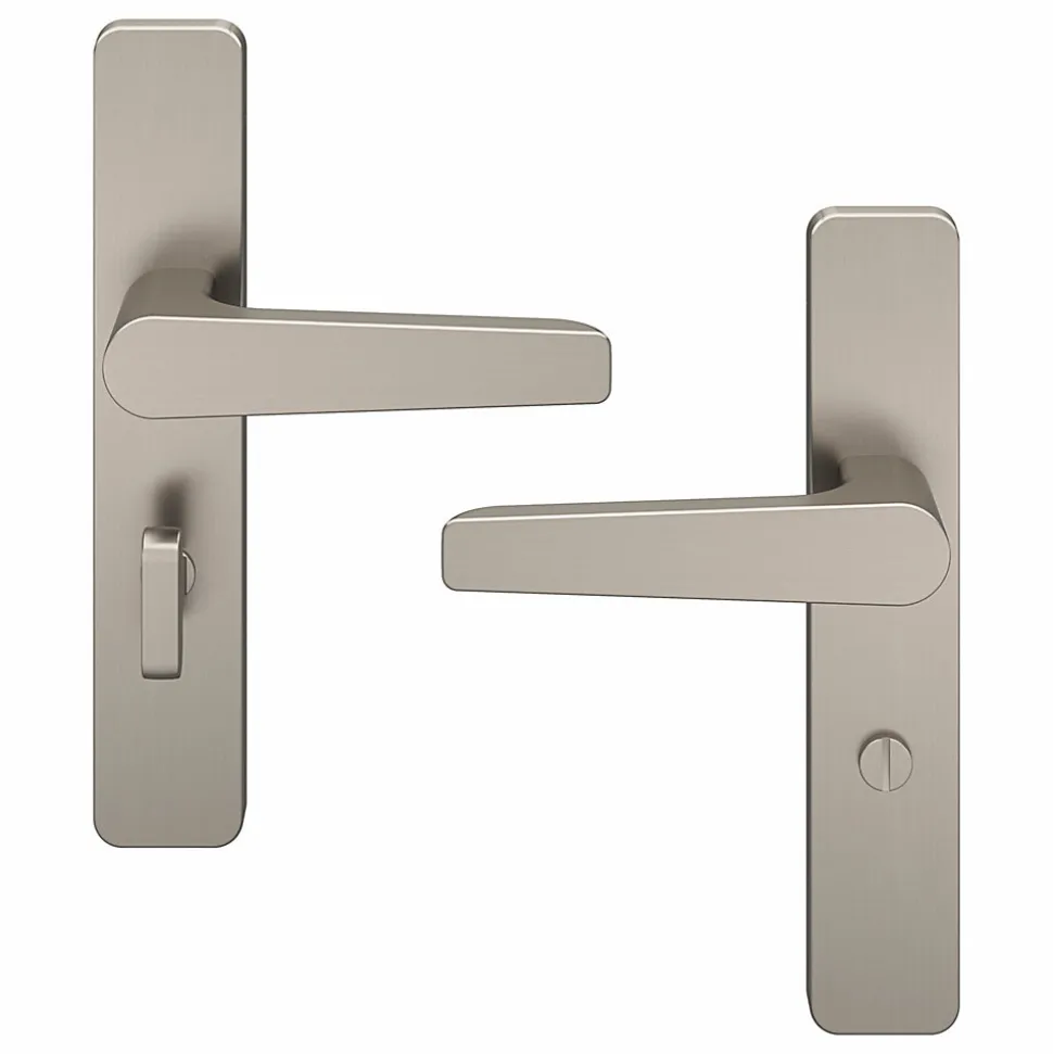 Ensemble poignée sur plaque rectangulaire à condamnation GoodHome Kerver effet nickel satin gris L.128mm x l.42mm entraxe 165-195mm