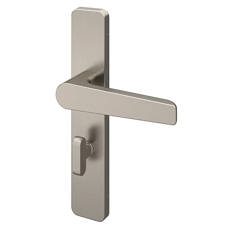 Ensemble poignée sur plaque rectangulaire à condamnation GoodHome Kerver effet nickel satin gris L.128mm x l.42mm entraxe 165-195mm