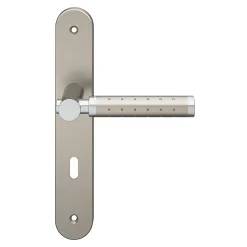 Ensemble poignée sur plaque rond serrure GoodHome Brigg effet chrome et nickel satin gris L.132mm x l.40mm entraxe 195mm