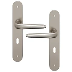 Ensemble poignée sur plaque Droit serrure GoodHome Mehaban effet nickel satin gris L.120mm x l.40mm entraxe 195mm