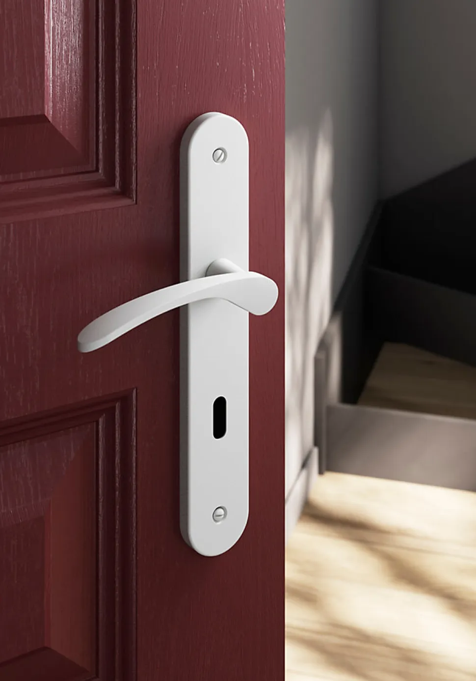 Ensemble poignée sur plaque rond serrure GoodHome Beare mat blanc L.110.5mm x l.40mm entraxe 195mm