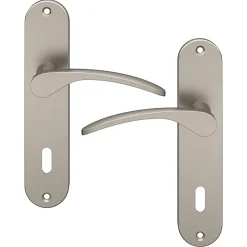 Ensemble poignée sur plaque rond serrure GoodHome Beare effet nickel satin gris L.110.5mm x l.40mm entraxe 165mm