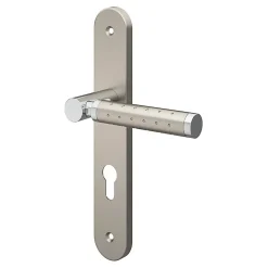 Ensemble poignée sur plaque rondcylindre GoodHome Brigg effet chrome et nickel satin gris L.132mm x l.40mm entraxe 195mm
