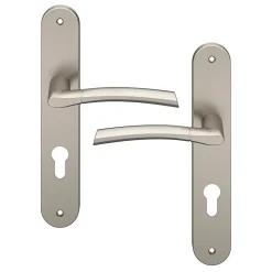 Ensemble poignée sur plaque extérieur rond cylindre GoodHome Hirel effet nickel satin gris chromé L.128mm x l.40mm entraxe 195mm