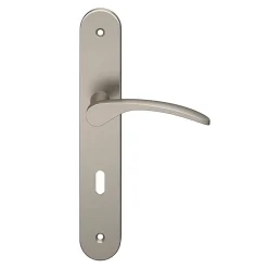 Ensemble poignée sur plaque rond serrure GoodHome Beare effet nickel satin gris L.110.5mm x l.40mm entraxe 195mm