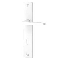 Ensemble poignée sur plaque rectangulaire serrure Colan satin blanc L.106mm x l.39.8mm entraxe 195mm