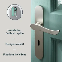 Ensemble poignée sur plaque rond serrure GoodHome Armel effet nickel satin gris L.130mm x l.42mm entraxe 165-195mm