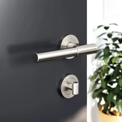Ensemble poignée sur rosace rond à visser GoodHome Hezo aluminium effet nickel satin gris Ø50mm
