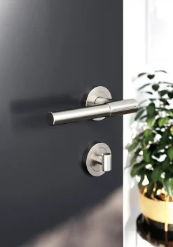 Ensemble poignée sur rosace rond à visser GoodHome Hezo aluminium effet nickel satin gris Ø50mm