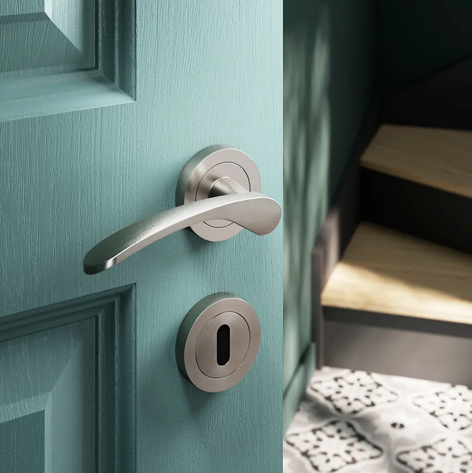 Ensemble poignée sur rosace rond à visser GoodHome Beare effet nickel satin gris Ø50mm