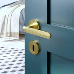 Ensemble poignée sur rosace rond à visser GoodHome Garlan effet laiton satin or Ø50mm