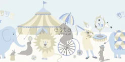 ESTAhome frise papier peint l'univers du cirque bleu clair, beige et blanc - 500 x 26.5 cm - 178701