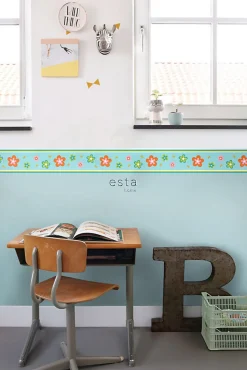 ESTAhome frise papier peint fleurs turquoise et orange - 500 x 13.25 cm - 174609