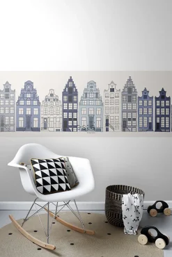ESTAhome frise papier peint intissé XXL maisons bordant les canaux d'Amsterdam bleu - 430 x 50 cm - 157713