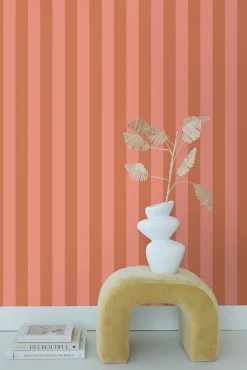 ESTAhome papier peint à rayures terracotta et rose pêche - 53 cm x 10.05 m - 139905