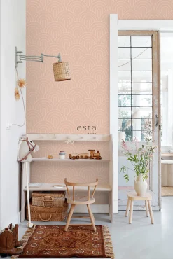 ESTAhome papier peint art déco rose pêche - 53 cm x 10.05 m - 139218