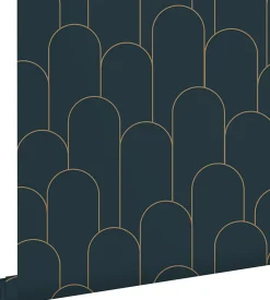 ESTAhome papier peint art déco bleu foncé et or - 50 x 900 cm - 139657