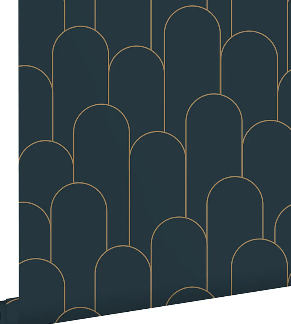 ESTAhome papier peint art déco bleu foncé et or - 50 x 900 cm - 139657