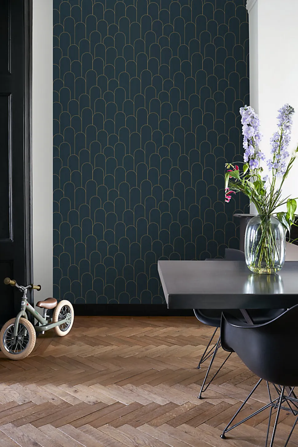 ESTAhome papier peint art déco bleu foncé et or - 50 x 900 cm - 139657