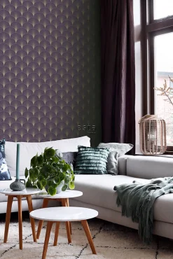 ESTAhome papier peint art déco violet foncé et or - 53 cm x 10.05 m - 139577