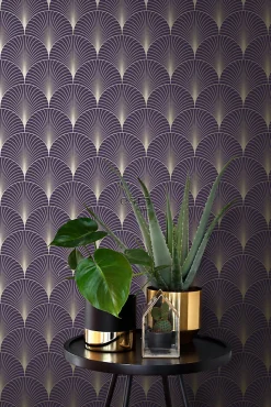 ESTAhome papier peint art déco violet foncé et or - 53 cm x 10.05 m - 139577