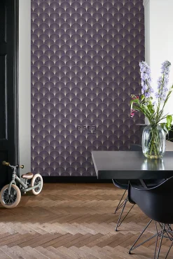 ESTAhome papier peint art déco violet foncé et or - 53 cm x 10.05 m - 139577