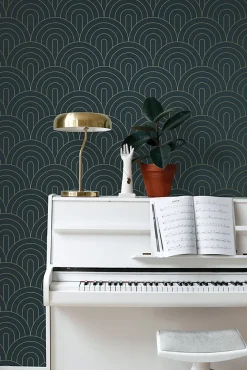 ESTAhome papier peint art déco bleu foncé - 53 cm x 10.05 m - 139743