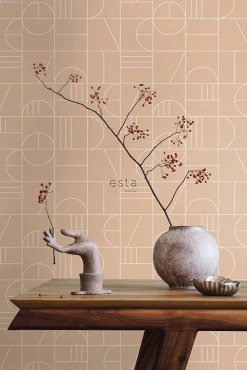 ESTAhome papier peint art déco rose pêche et blanc - 53 cm x 10.05 m - 139208
