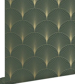 ESTAhome papier peint art déco vert foncé et or - 53 cm x 10.05 m - 139584