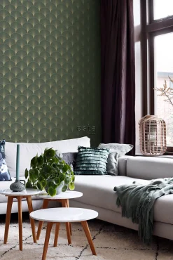 ESTAhome papier peint art déco vert foncé et or - 53 cm x 10.05 m - 139584