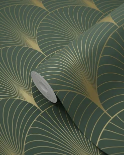 ESTAhome papier peint art déco vert foncé et or - 53 cm x 10.05 m - 139584