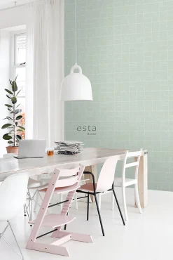 ESTAhome papier peint art déco vert menthe et blanc - 53 cm x 10.05 m - 139209