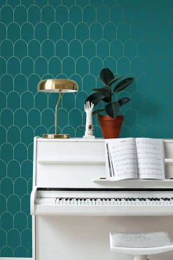ESTAhome papier peint art déco bleu canard et or - 53 cm x 10.05 m - 139205