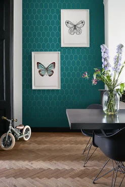 ESTAhome papier peint art déco bleu canard et or - 53 cm x 10.05 m - 139205