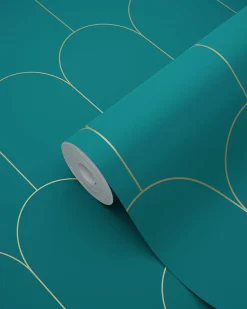ESTAhome papier peint art déco bleu canard et or - 53 cm x 10.05 m - 139205