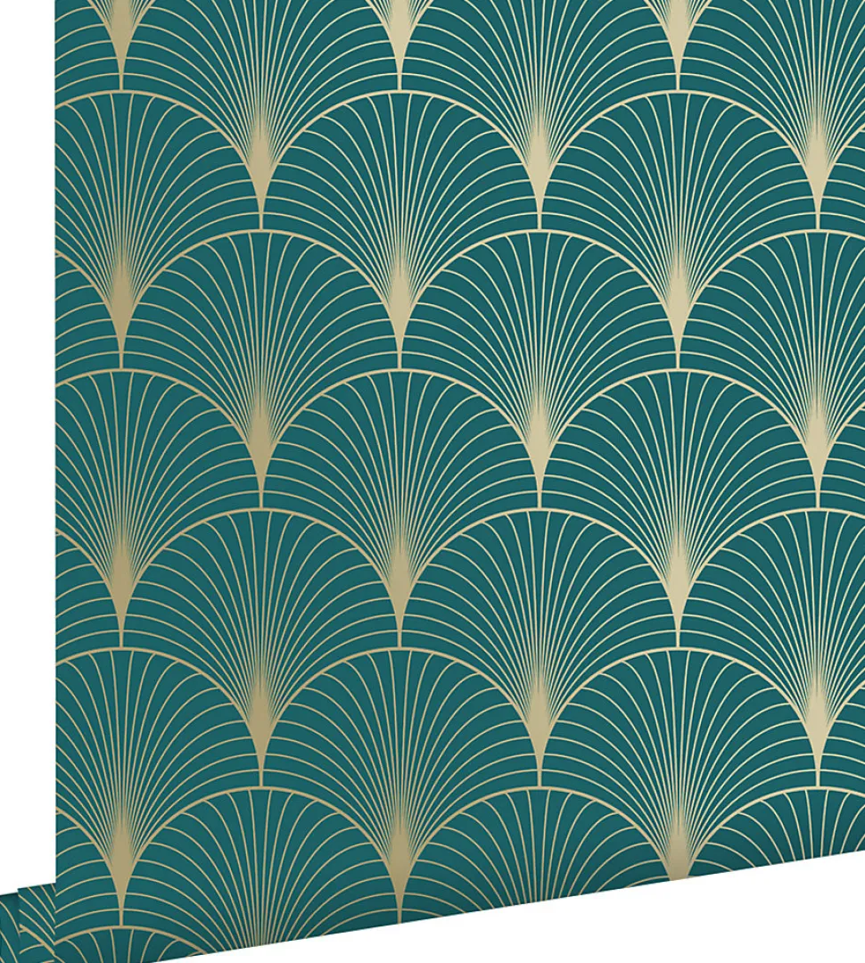 ESTAhome papier peint art déco bleu canard et or - 53 cm x 10.05 m - 139230