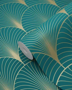 ESTAhome papier peint art déco bleu canard et or - 53 cm x 10.05 m - 139230