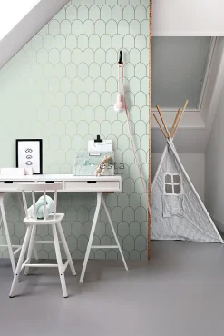 ESTAhome papier peint art déco vert menthe clair et or - 53 cm x 10.05 m - 139202