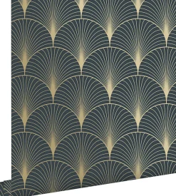 ESTAhome papier peint art déco bleu foncé et or - 53 cm x 10.05 m - 139231