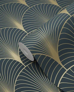 ESTAhome papier peint art déco bleu foncé et or - 53 cm x 10.05 m - 139231