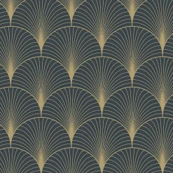 ESTAhome papier peint art déco bleu foncé et or - 53 cm x 10.05 m - 139231
