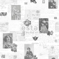 ESTAhome papier peint cartes postales anciennes vintage noir et blanc - 53 cm x 10.05 m - 138128