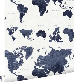 ESTAhome papier peint cartes du monde bleu foncé - 53 cm x 10.05 m - 138972